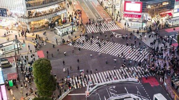 夜间时间流逝的汽车交通运输拥挤的人走在涩谷路口的十字路口争抢东京旅游景点地标日本旅游亚洲交通或亚洲城市生活理念