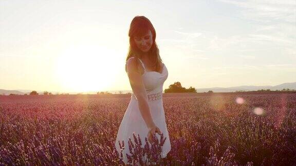 慢镜头:法国普罗旺斯一名年轻女子在无尽的薰衣草田里欣赏夕阳