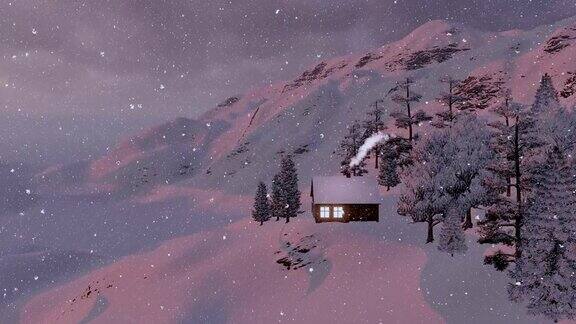 山上白雪覆盖的小房子