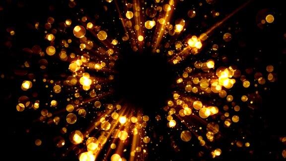 金色漩涡抽象背景与灯光和闪光粒子的节日庆祝魅力散景无缝循环