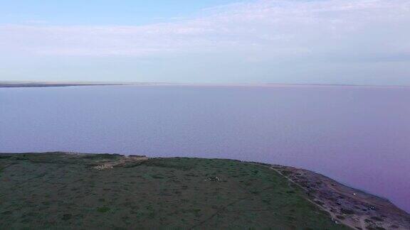晚上的时间鸟瞰图利莫里亚湖-粉红湖是乌克兰科尔森地区的一个湖