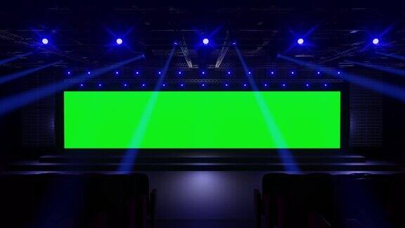 运动空舞台设计模型和企业身份展示舞台绿幕在大厅图形资源的黑屏现场事件led夜间灯光登台动画循环4k3d渲染