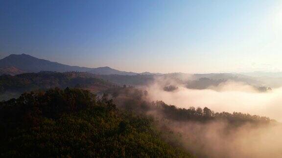 4K鸟瞰图在日出浓雾山早上的金色阳光