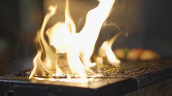 日本食物烤肉串在燃烧的烤架上烤串
