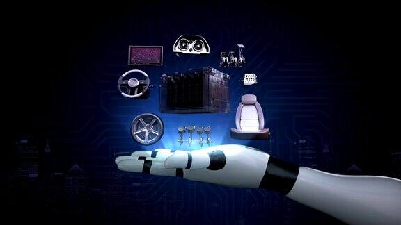 伸展机器人的手臂电子锂离子电池回声车充电汽车电池环保的未来汽车发动机、座椅、仪表盘、导航