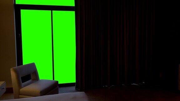 酒店卧室窗帘打开揭示绿色屏幕视图