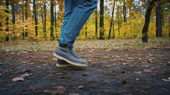 侧视图的男性腿行走在小路在秋天的森林跟随射击