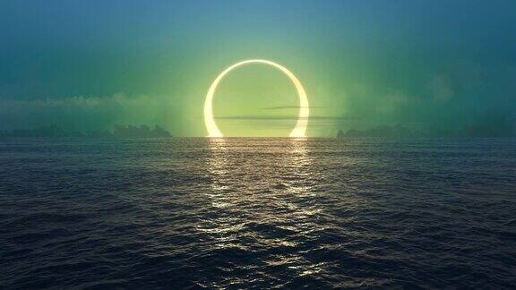 绿色星球-日落和日食无缝环海洋