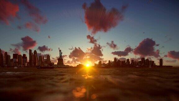 自由女神像与船只航行曼哈顿纽约市美丽的日落4K