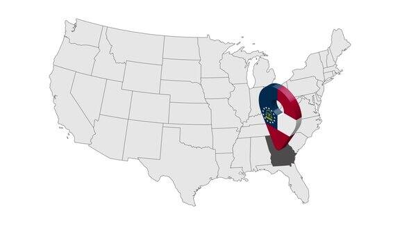 在美国地图上佐治亚州的位置3d佐治亚州旗地图标记位置别针美利坚合众国的地图显示了不同的州动画地图美国各州4k视频