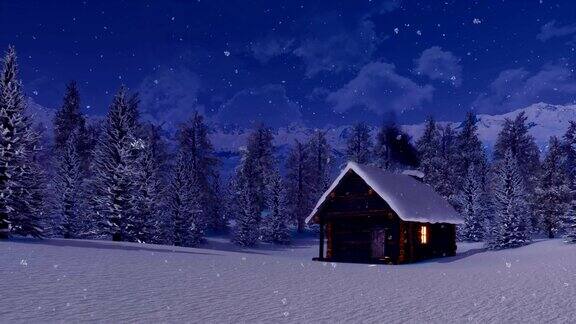 雪夜高山峻岭中舒适的小木屋