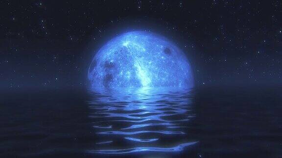 平静的海面上出现了超现实的满月蓝色的光