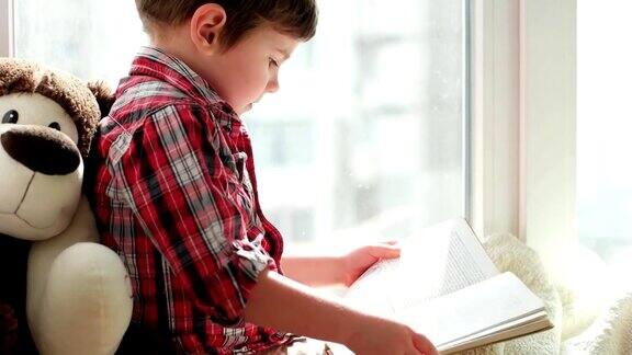 穿着红格子衬衫的孩子坐在窗前翻阅书
