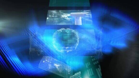 动画界面屏幕处理数据旋转的大脑和发光的蓝色灯