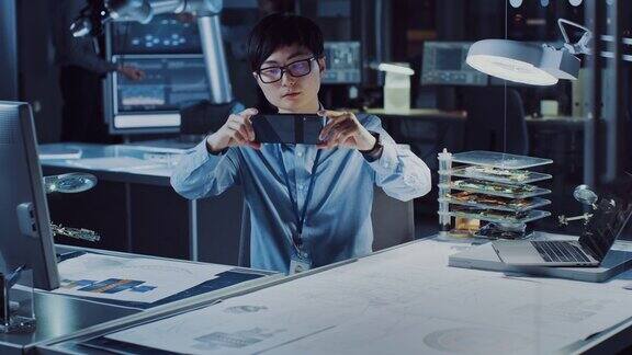 英俊的日本开发工程师穿着蓝色衬衫正在看增强现实技术图纸上的Smartpgone在高科技研究实验室与现代计算机设备
