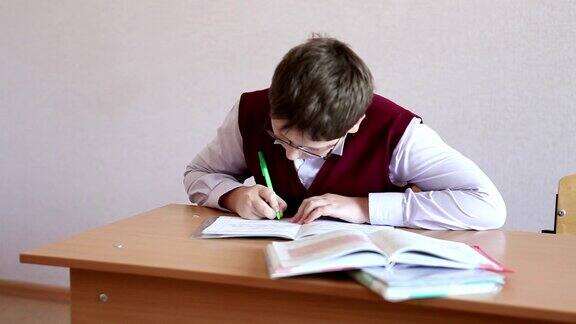 戴眼镜的男孩在笔记本上写字