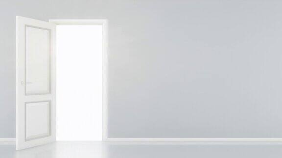 白色的门打开一个明亮的光-空房间|4K