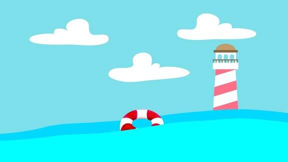 漂浮在海浪和远处灯塔之间的卡通救生圈