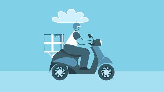 快递员手持智能手机骑着摩托车平面设计卡通角色孤立循环2d动画