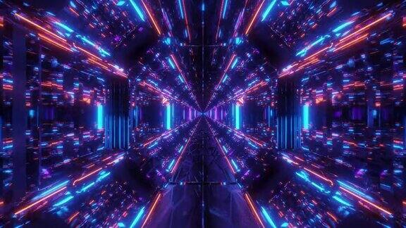 高反射发光的科幻隧道走廊与未来的灯光和反射3d插画运动背景实时壁纸俱乐部视觉vj循环