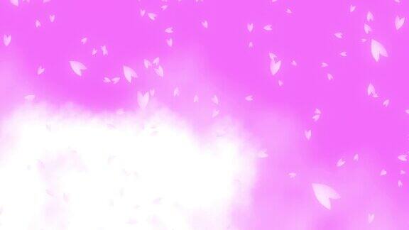 粉红色的樱花花瓣飘落从左到右随风飘过粉红色的白云背景日本春天的景象