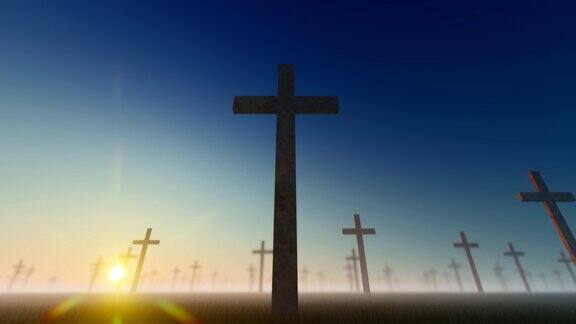 日落视图的3D十字架墓地背景