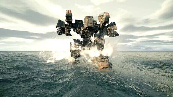 一个军用机器人在水面上行走未来启示录用于军事、未来或虚构背景的动画