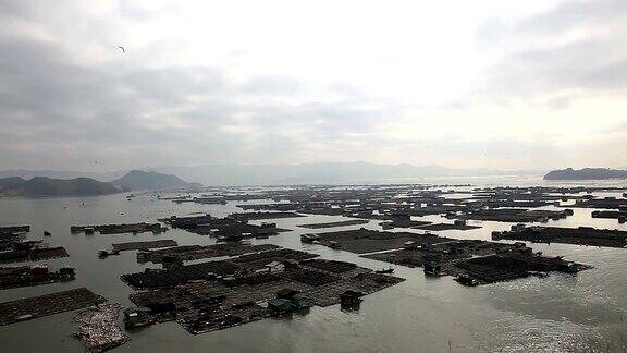 福建霞浦农民在海边养殖鲍鱼在水中放入大量笼子他们生活在海面上