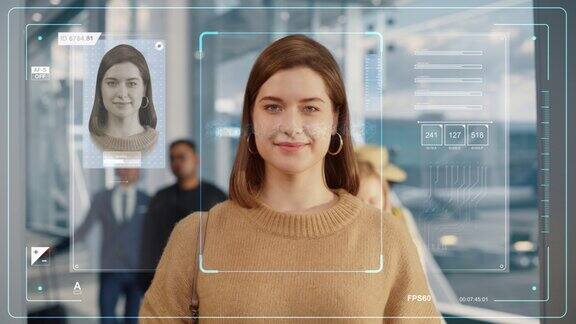 在国际机场一名白人女性用面部识别扫描器通过自动护照边境管制画面显示生物面部识别扫描过程