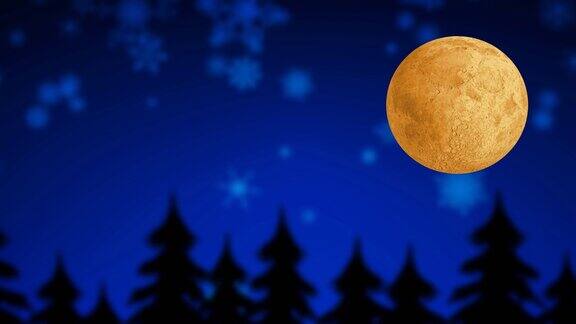 动画的满月在夜晚的天空在冬季风景