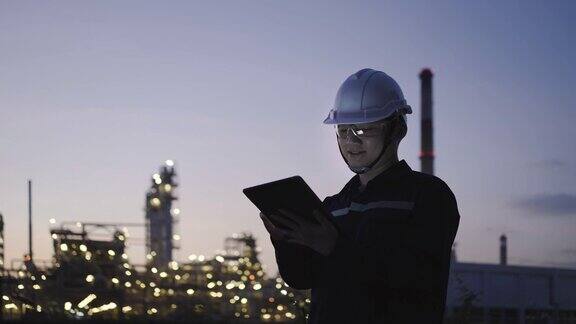 亚洲工程师在夜间通过数码平板电脑检查炼油厂的维护