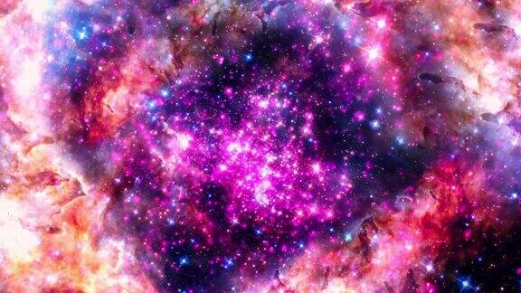 太空旅行辉光粉紫色星云在太空深处的银河云4K3D无缝循环科幻太空飞行发光能量气体尘埃星云星系天文学探索