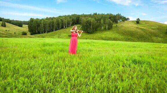 小提琴家在绿色的草地上演奏