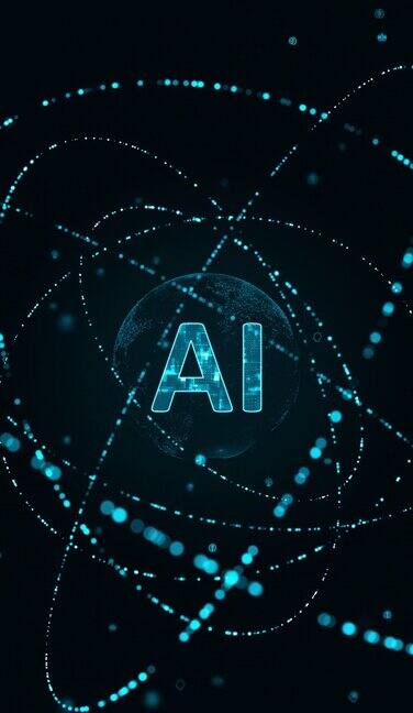 蓝色数字AI标志的运动图形带有粒子环旋转和AI技术图标未来主义抽象背景人工智能和机器学习垂直视频概念