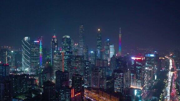 夜间照明广州市市中心航拍