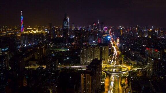 中国夜景时间照亮广州市景交通路口航拍全景4k时间