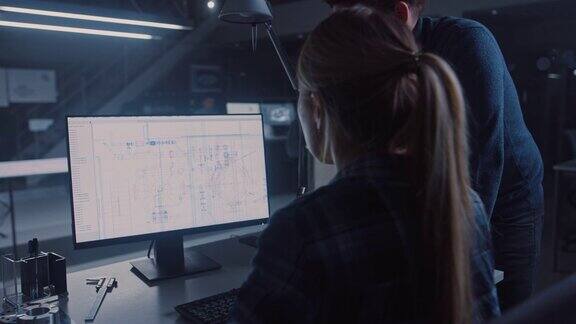 工程师在台式电脑上工作屏幕上显示CAD软件和技术蓝图她的男性项目经理解释工作细节工业设计工程设施办公室