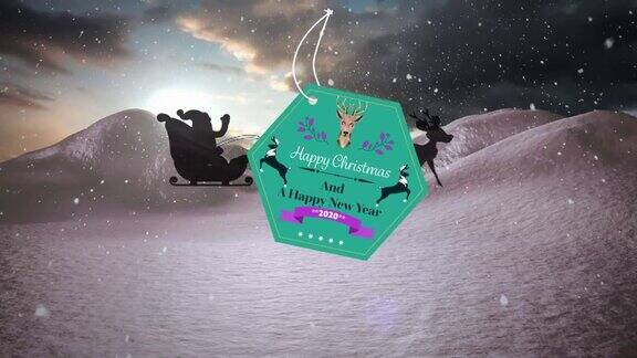 动画礼物标签与季节的问候圣诞老人在雪橇在冬季景观