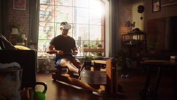 未来Meta家庭健身房:强壮的运动黑人男子在划船机上锻炼佩戴虚拟现实头盔肌肉混合种族运动员保持健康使用互联网虚拟现实健身服务