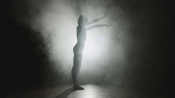 在聚光灯下优雅的芭蕾舞女演员在烟雾中跳舞