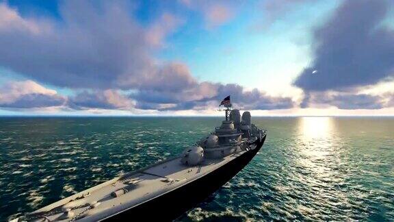美国军事战舰在海上航行美丽的日落