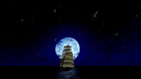 老海盗船远航美丽的圆月海鸥飞翔声音包括在内