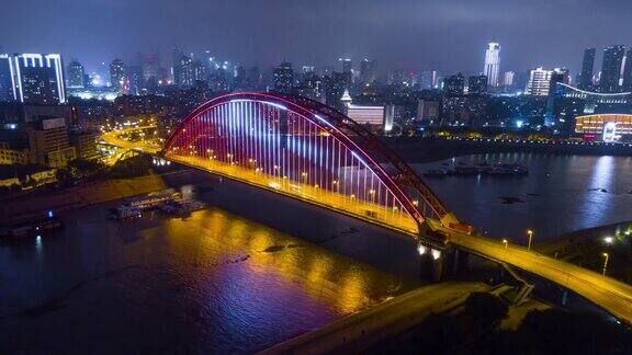 中国夜景武汉青川大桥航拍全景4k时间流逝