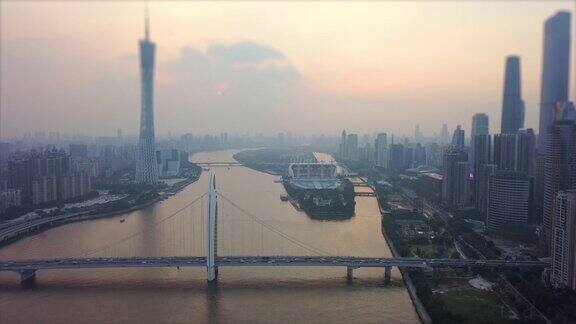日落天空广州市广州塔猎德桥河岛航拍全景倾斜4k中国
