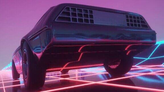 霓虹赛博朋克风格的未来汽车穿过霓虹城市