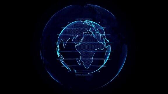 地球动画旋转的地球闪亮的大陆与强调的边缘蓝色辉光的行星地球的抽象网络动画无缝循环