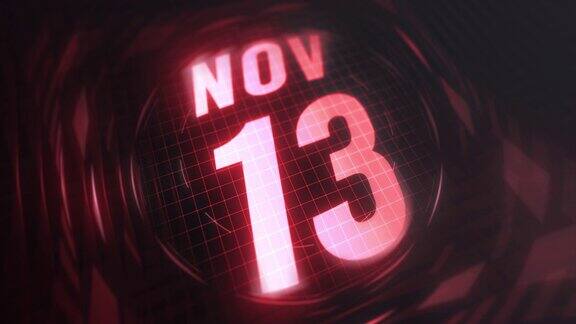11月13日3d动态图形红外线日历在未来和科技发光霓虹灯拍摄纪念在led等4k循环