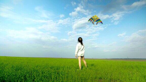 小女孩在绿色的田野上玩风筝