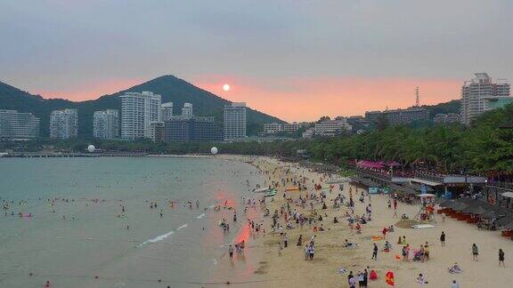 日落时分海滩海岸线航拍海南中国4k