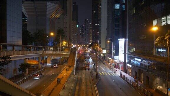 夜间灯光照亮香港市区交通、街道、桥梁、步行全景4k